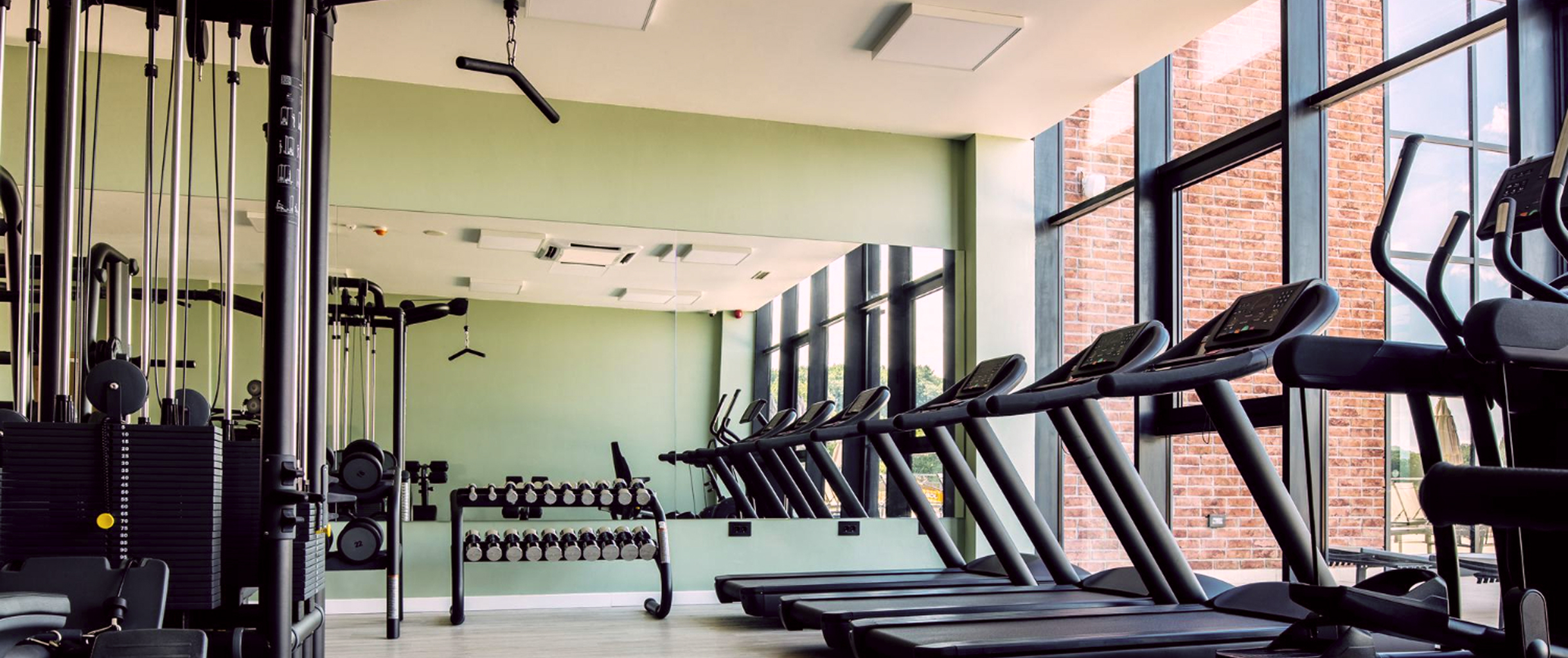 стоят тренажеры возле окна